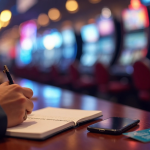 A person sitting in a casino and making a checklist before playing slots