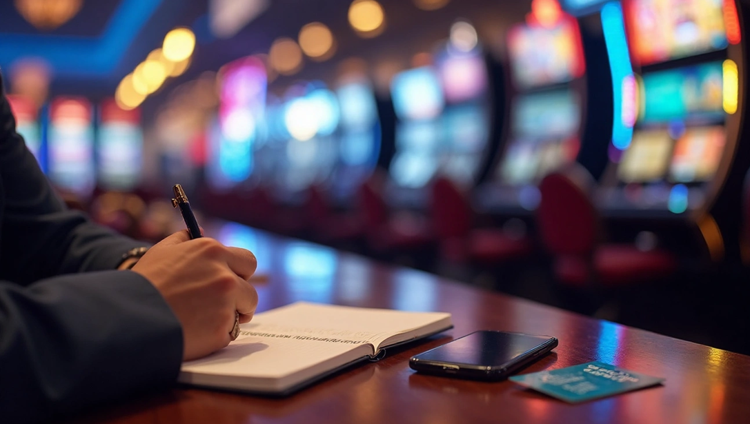 A person sitting in a casino and making a checklist before playing slots